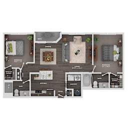 A floor plan of a house with a living room, dining room, kitchen, and bathrooms.