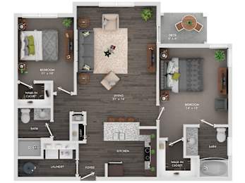 A floor plan of a house with a living room, kitchen, two bedrooms, a bathroom, and a laundry area.
