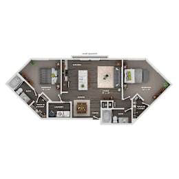 A floor plan of a Juliet apartment with a kitchen, living room, bedroom, bathroom, dining area, laundry room, and walk-in closet.