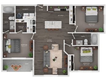 3 bed 2 bath apartment floor plan