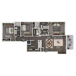 A floor plan of a house with two bedrooms, a living room, a kitchen, a dining room, a foyer, and a bathroom.