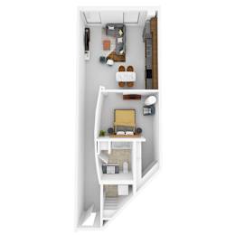 A white room with a bunk bed and a desk.