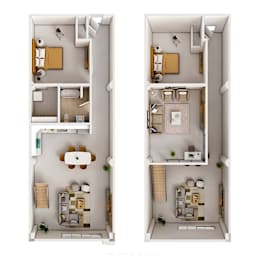 A floor plan of a two-bedroom apartment with a living room, kitchen, and bathroom.