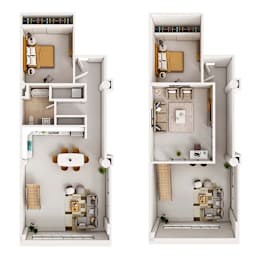 Two images of a small apartment layout with a bedroom, living room, and kitchen.