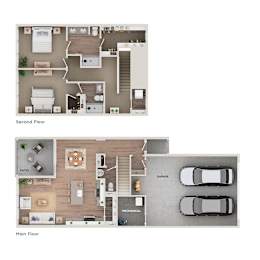 A floor plan of a house showing the layout of the second and main floor.
