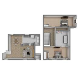 A floor plan of a two-story residential building with a kitchen, living room, bedrooms, and bathrooms.