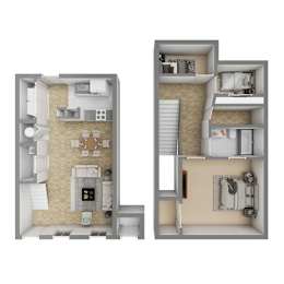 A 3D floor plan of a two-bedroom apartment.
