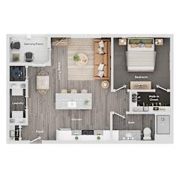 A floor plan of a house showing a living room, kitchen, bathroom, and bedrooms.