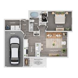 A floor plan of a house showing a living room, kitchen, bedroom, and garage.