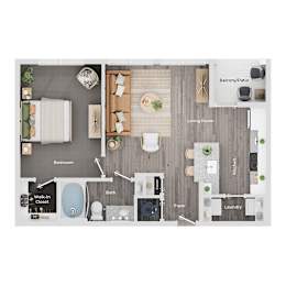 A floor plan of a house showing a living room, bedroom, bathroom, and kitchen.
