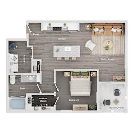 A floor plan of a house showing a living room, kitchen, bathroom, and bedrooms.