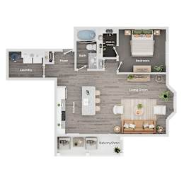A floor plan of a home showing a living room, kitchen, and bedroom.
