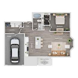 A floor plan of a house with a living room, kitchen, and garage.