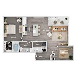 A floor plan of a house showing a living room, kitchen, dining area, and bedrooms.