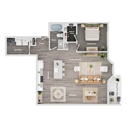 A floor plan of a home showing a living room, dining room, kitchen, and bedrooms.