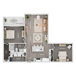 A floor plan of a house with a balcony, laundry area, and a living room with a couch and a coffee table.