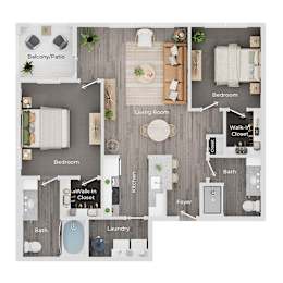 A floor plan of a house showing a living room, two bedrooms, a bathroom, a laundry area, a foyer, a kitchen, and a balcony.