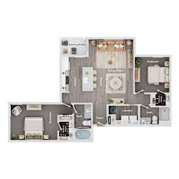 A floor plan of a house showing a living room, kitchen, dining room, and bedrooms.