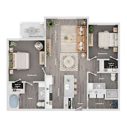 A floor plan of a house showing a living room, dining room, kitchen, and two bedrooms.