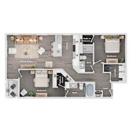 A floor plan of a house showing a living room, kitchen, two bedrooms, a bathroom, a foyer, and a walk-in closet.