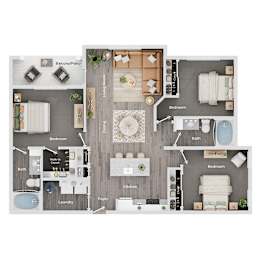 A floor plan of a house with a living room, kitchen, and three bedrooms.