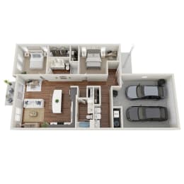floor plan of a 2 bed 2 bath rental home with garage
