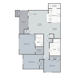 A floor plan of a house with labeled rooms such as Bedroom, Bath, Kitchen, and Living Room.