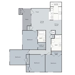 A floor plan of a house with a living room, dining room, kitchen, and multiple bedrooms.