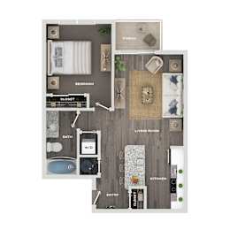 A floor plan of a house showing a bedroom, bathroom, living room, kitchen, and entry.