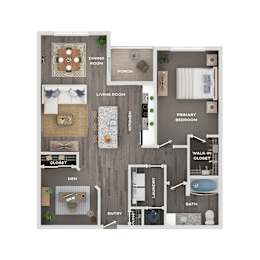 A floor plan of a house with a dining room, living room, kitchen, bathroom, and other rooms.