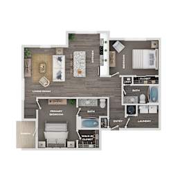 A floor plan of a house with a living room, kitchen, dining room, and bathrooms.