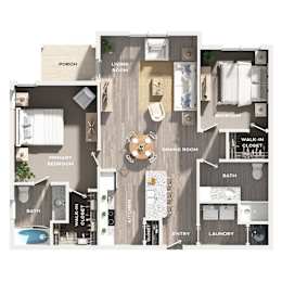 A floor plan of a house with a porch, living room, dining room, kitchen, and multiple bathrooms.