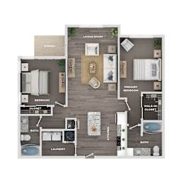 A floor plan of a house with a living room, two bedrooms, a bathroom, a laundry area, a kitchen, a porch, and a walk-in closet.