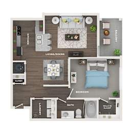 A floor plan of a small apartment with a living room, kitchen, bedroom, bathroom, and laundry area.