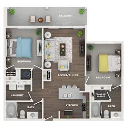 A floor plan of a small apartment with a living room, two bedrooms, a kitchen, a bathroom, and a laundry area.