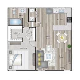 A floor plan of a house with a bedroom, bathroom, kitchen, dining room, living room, and closet.