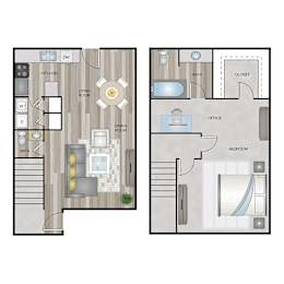 A floor plan of a house with a living room, dining room, kitchen, and bedroom.