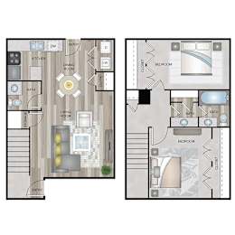 A floor plan of a two bedroom apartment with a living room, dining room, kitchen, and bathrooms.