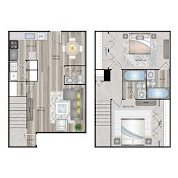 A floor plan of a two-story house with a living room, dining room, kitchen, and bedrooms.
