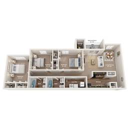 A floor plan of a house with a balcony, two bedrooms, a living room, a dining room, a kitchen, a laundry room, and a garage.