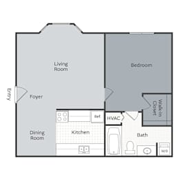 A floor plan of a home with a living room, dining room, kitchen, bath, bedroom, and walk-in closet.