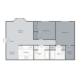 A floor plan of a house with a living room, two bedrooms, a dining room, a kitchen, two bathrooms, a foyer, a walk-in closet, a laundry room, a reference room, and an