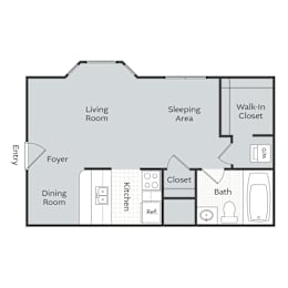 A floor plan of a house with a living room, dining room, kitchen, bathroom, and sleeping area.