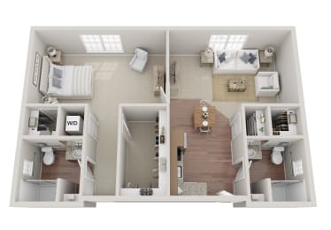 a stylized floor plan with a bedroom and a living room  at Arbor Hills, Lakeland, Florida