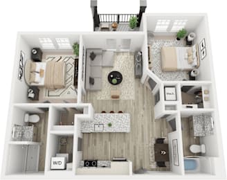 A 3D floor plan of a small apartment with a living room, kitchen, and bedrooms.