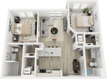 A 3D floor plan of a small apartment with a living room, kitchen, and bathroom.