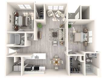A 3D floor plan of a house with a kitchen, living room, and two bedrooms.