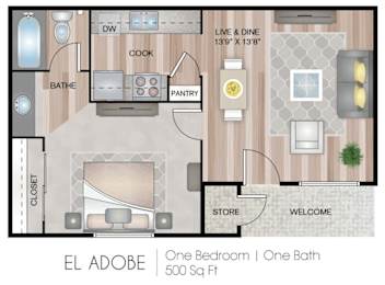 A floor plan of a one bedroom, one bathroom apartment.