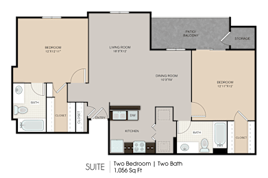 A floor plan of a suite with two bedrooms and two bathrooms.