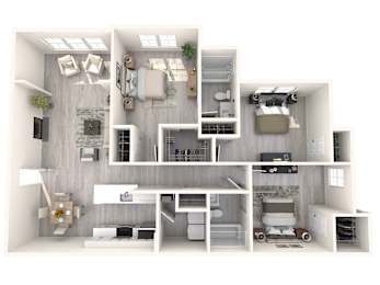 A 3D rendered image of a modern, minimalist house interior.